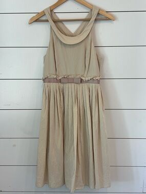 Anthropologie Moulinette Soeurs Cream Bow Waist Pleated Dress Silk/Cotton blend